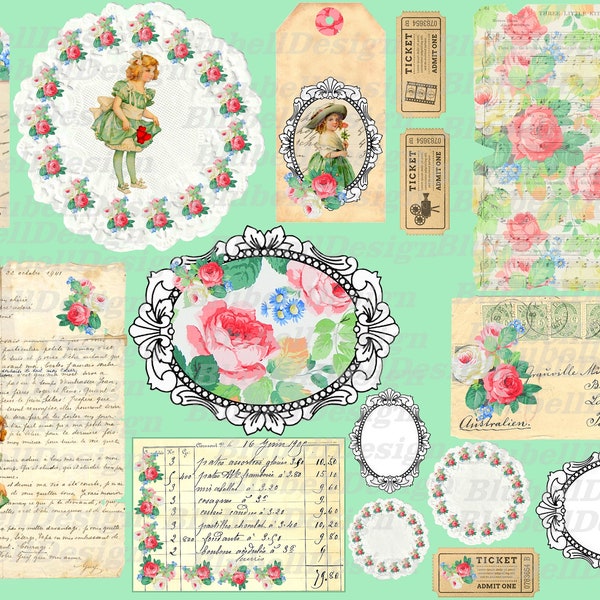 Kit d'Ephéméras vintages verts imprimés 200g junk journal kit scrapbooking cartes