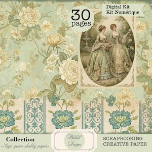 Puede incluir: Un kit de papel de scrapbooking digital con un diseño floral verde salvia y crema. La imagen incluye una ilustración vintage de dos mujeres con vestidos, el texto "30 páginas" y las palabras "Kit Digital" y "Scrapbooking Creative Paper".