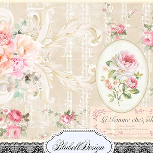 Kit papiers imprimés pastel shabby "Antique papier peint rose" kit junk journal papier scrapbooking