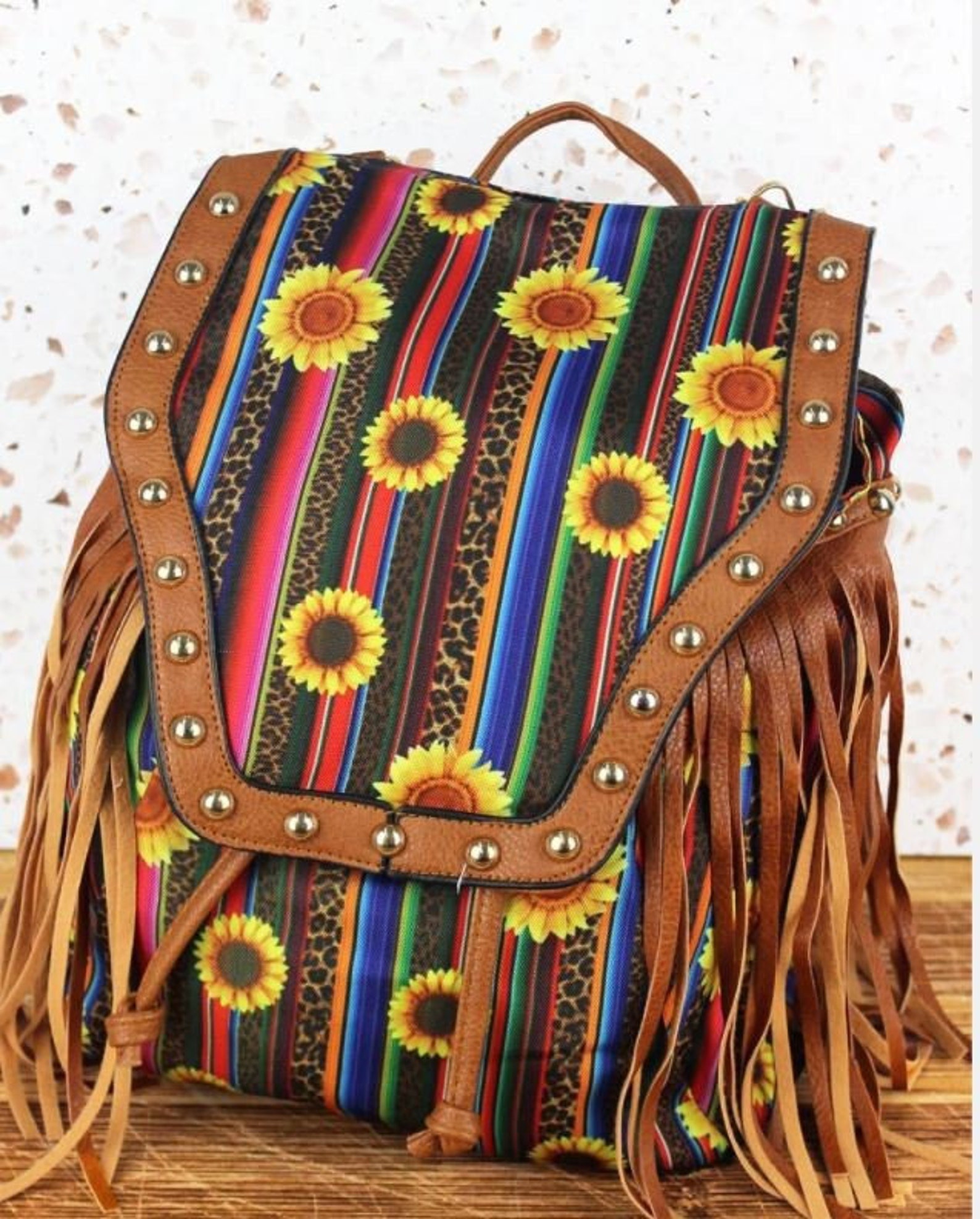 TEXAS SUNFLOWERS BACKPACK Western Tote Bag Fringe Brown Duffle Etsy