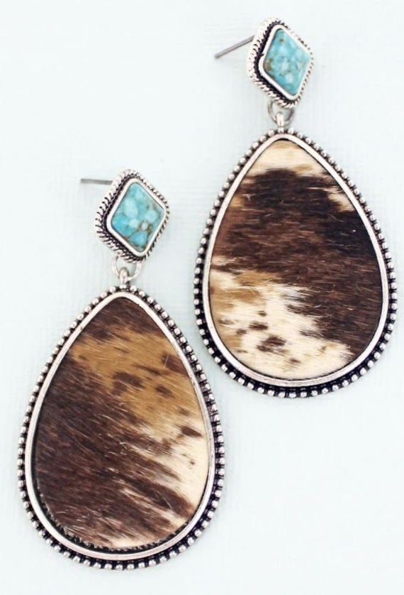 WESTERN Cowhide Leather EARRINGS Brown Cow Print Teardrop Etsy