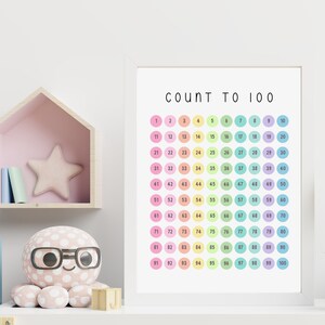 Aprenda a contar del 1 al 100, impresión educativa, DESCARGA INSTANTÁNEA, decoración colorida para la educación en el hogar o el aula, póster de aprendizaje Montessori, EP01