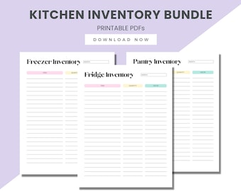 May include: Printable kitchen inventory bundle with three pages: freezer, fridge, and pantry. Each page has columns for item, quantity, and use by date. The pages are colour-coded with pink, yellow, and blue.