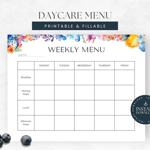 Editable Weekly Daycare Menu, Printable Homeschool Menu, Template for Daycare Providers, Preschool Meal Planner, Childcare Fillable PDF