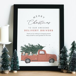 クリスマス配達ドライバーサイン、印刷可能なおやつサイン、配達ドライバーへの感謝状、赤いトラックのクリスマス、郵便配達員への感謝