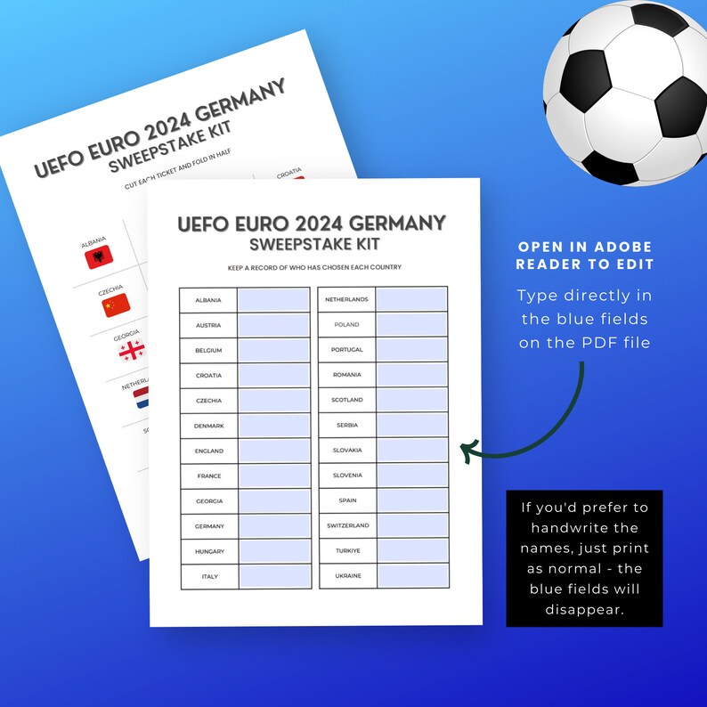 UEFA Euro 2024 Germany Sweepstake Kit, Fillable PDF, European Championship, Football Tournament