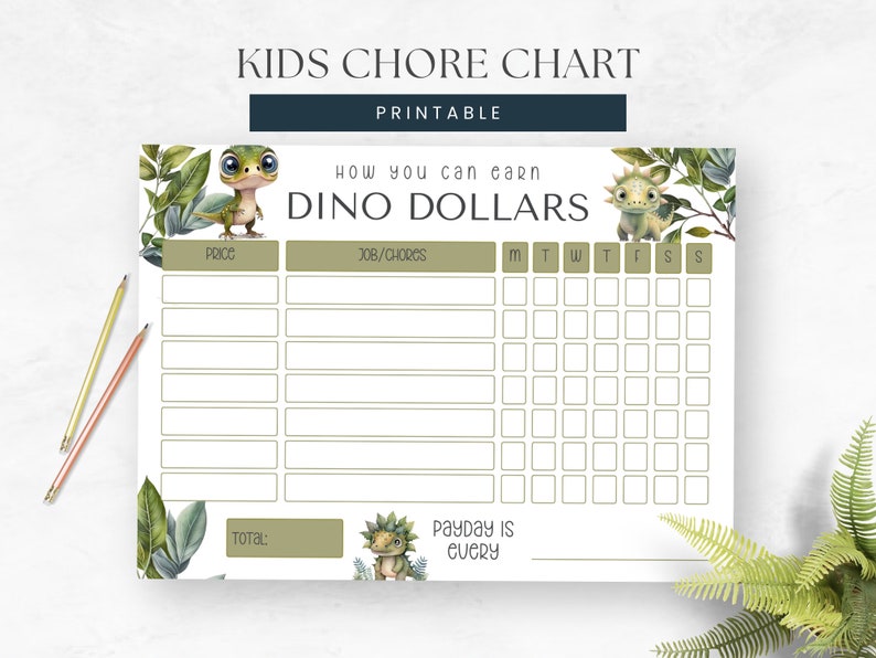 Dinosaur Chore Chart for Kids Printable How to Earn Money - Etsy