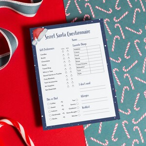 Fragebogen zum Thema Weihnachten Coworker bearbeitbar, Weihnachtswunschliste, druckbare Office Secret Santa Fragen, PDF ausfüllbar Formvorlage