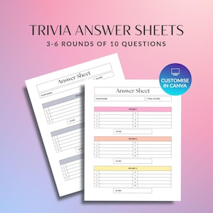 May include: Two white trivia answer sheets with black text and lines. The sheets feature fields for team name, final score, and numbered rows for 3-6 rounds of 10 questions. A blue circular badge displays the text CUSTOMISE IN CANVA.