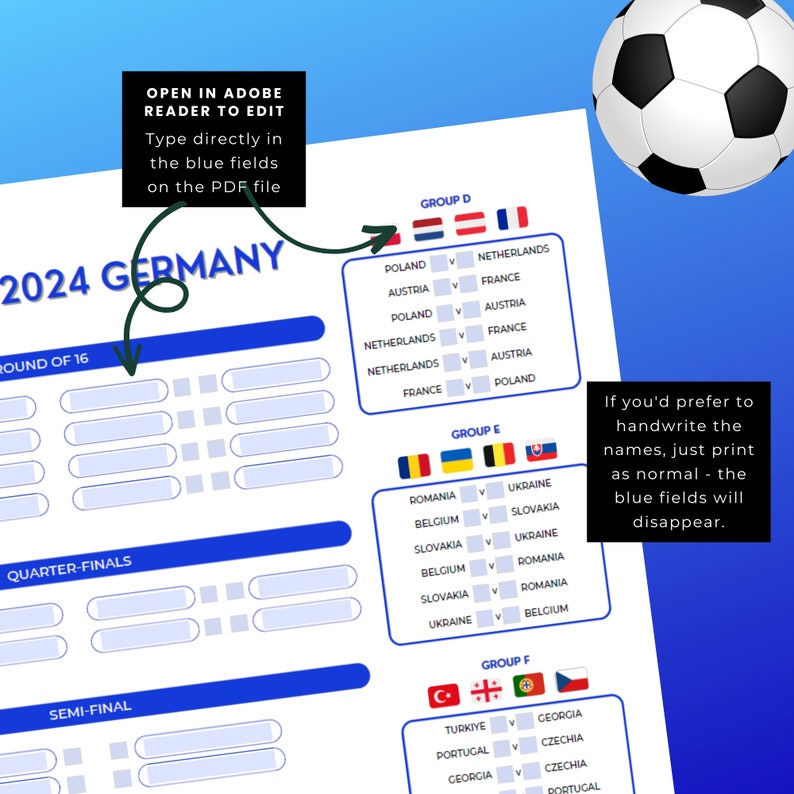 Printable Wall Chart, UEFA Euro 2024 Germany, Football Tournament