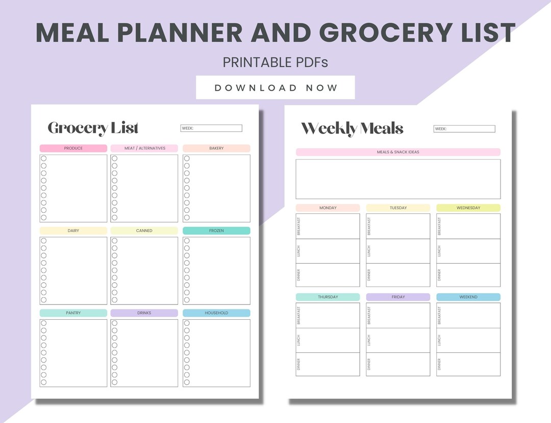 Weekly Meal Planner and Grocery List Printable Set Food - Etsy