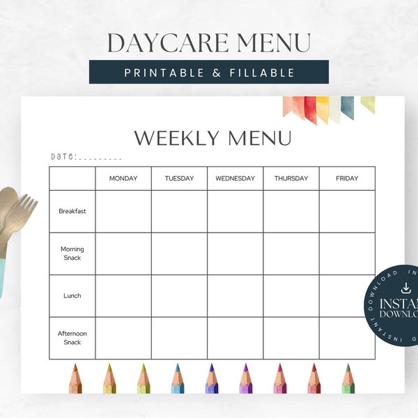 Editable Weekly Daycare Menu, Printable Preschool Meal Planner, Homeschool Menu, Template for Daycare Providers, Fillable PDF