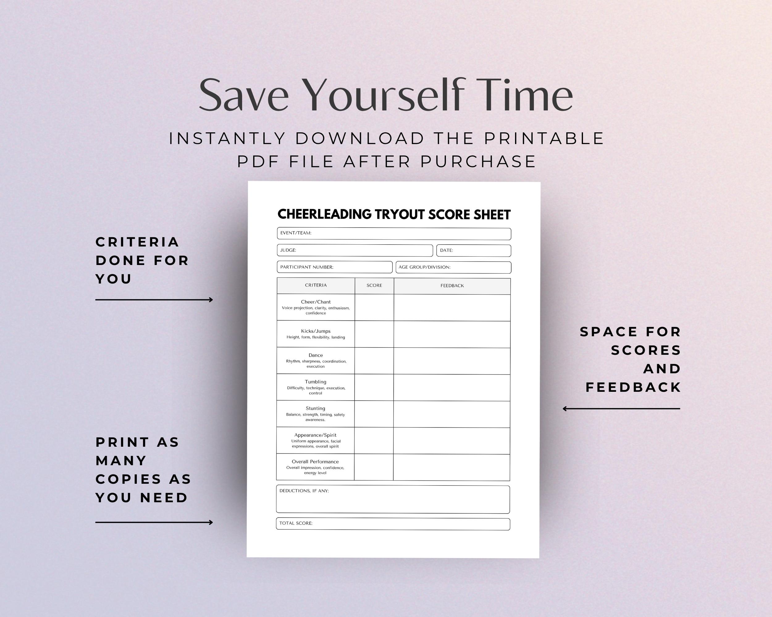 Cheerleading Tryout Score Sheet, Judges Score Card, Printable Judging ...