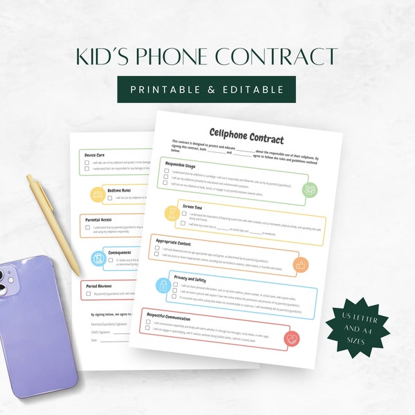 Printable Cell Phone Contract, Mobile Phone Agreement for Kids, First Phone, Parent Child Contract, Teen Phone, Edit with Canva Option