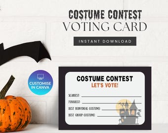 May include: A rectangular costume contest voting card with a black border and white center. The text reads COSTUME CONTEST LET'S VOTE! with lines for SCARIEST, FUNNIEST, BEST INDIVIDUAL COSTUME, and BEST GROUP COSTUME, featuring a gray haunted house graphic.