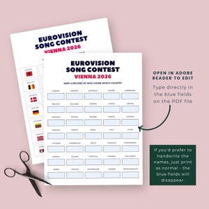 Puede incluir: Dos hojas blancas imprimibles con el texto "EUROVISION SONG CONTEST VIENNA 2026" y una cuadr&iacute;cula para registrar las elecciones de los pa&iacute;ses. Incluye banderas de pa&iacute;ses e instrucciones para editar en Adobe Reader. Un par de tijeras est&aacute; en la imagen.