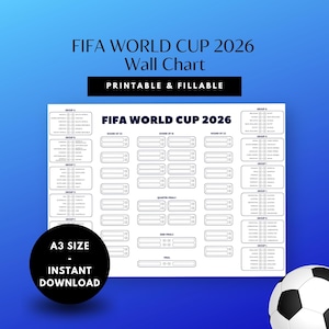 Printable Wall Chart, FIFA World Cup 2026, Football Tournament Scorecard, Soccer Fixture Schedule, Fillable PDF, World Sports Championship