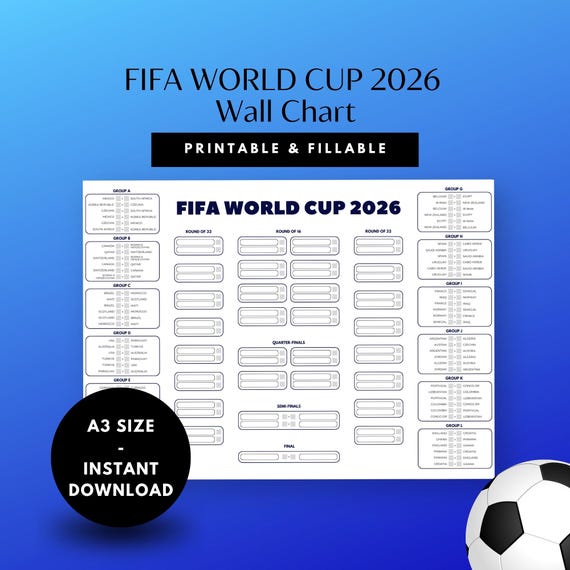 Printable Wall Chart, FIFA World Cup 2026, Football Tournament Scorecard, Soccer Fixture Schedule, Fillable PDF, World Sports Championship