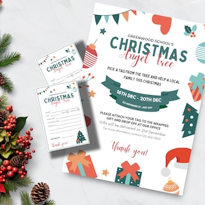 Volantino albero angelo di Natale, modello tag albero dei doni, beneficenza natalizia, raccolta giocattoli della comunità, modulo raccolta fondi, modello Canva modificabile