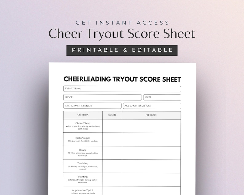 Cheerleading Tryout Score Sheet, Judges Score Card, Printable Judging ...