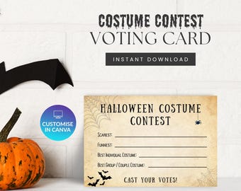 May include: A rectangular Halloween costume contest voting card with a beige parchment background, black text, spider web illustrations, and bat silhouettes. The card includes lines for voting on scariest, funniest, individual, and group costumes.