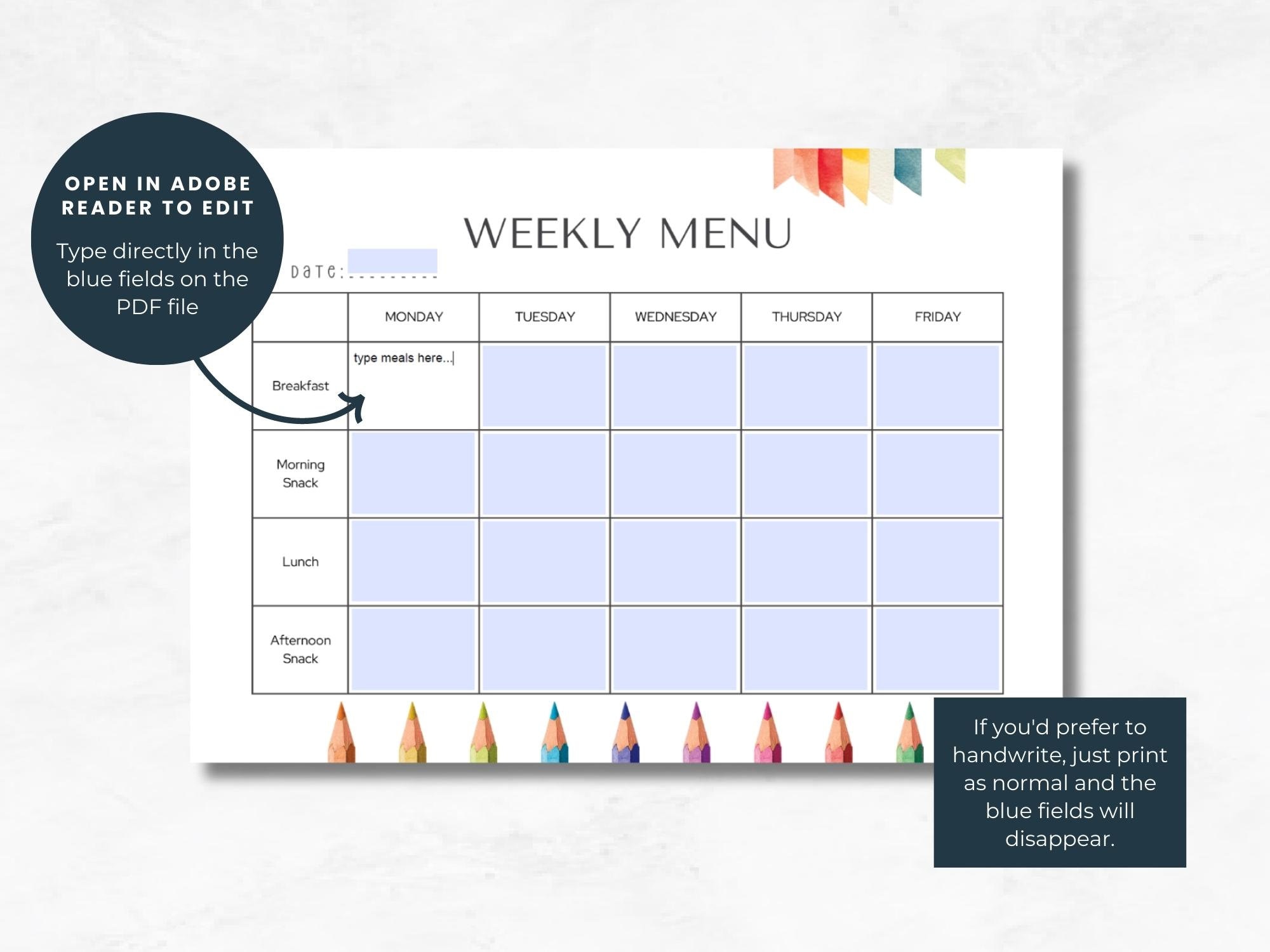 Editable Weekly Daycare Menu, Printable Preschool Meal Planner ...