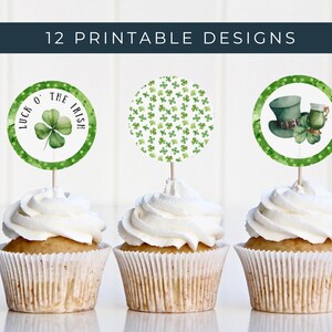 12 druckbare St Patrick&#39;s Day Cupcake Toppers, Kuchendekoration Zubehör, St Patrick&#39;s Day Partydekoration mit 12 irischen Designs