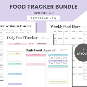May include: Printable food tracker bundle with four different layouts. The layouts include a calorie and macro tracker, a daily food tracker, a weekly food diary, and a daily food journal. The trackers are designed with a pink, yellow, and blue color scheme.