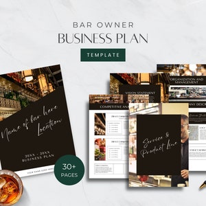 May include: A business plan template for bar owners. The template includes sections for vision statement, competitive analysis, organization and management, service and product line, and any description. The template is designed to help bar owners create a comprehensive business plan.