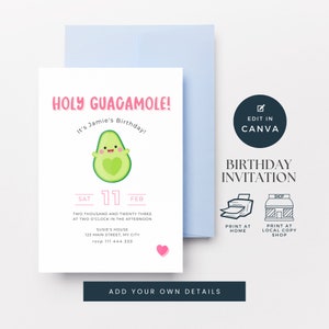Editable Avocado Birthday Invitation, Holy Guacamole Kids Avocado Party, Kawaii Avocado Party Printable Invitation, Cute Avocado Party, AP01
