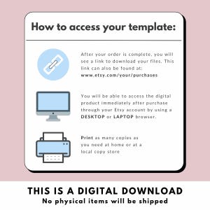 Puede incluir: Una gu&iacute;a de descarga digital con instrucciones sobre c&oacute;mo acceder a una plantilla despu&eacute;s de la compra. La gu&iacute;a incluye iconos para un enlace, una computadora y una impresora, con texto que explica el proceso de descarga. El texto dice: "ESTA ES UNA DESCARGA DIGITAL. No se enviar&aacute;n art&iacute;culos f&iacute;sicos."