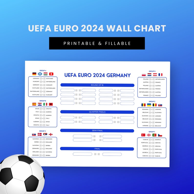 Printable Wall Chart, UEFA Euro 2024 Germany, Football Tournament
