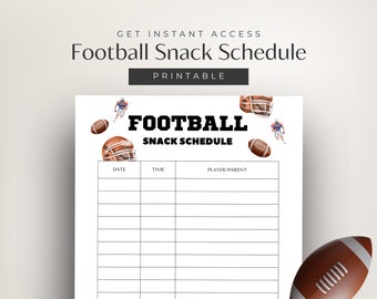 Może przedstawiać: Dokument do druku z harmonogramem przekąsek na mecz futbolowy z napisem "FOOTBALL SNACK SCHEDULE" na górze oraz kolumnami na datę, godzinę i zawodnika/rodzica. Projekt zawiera ilustracje brązowych piłek, kasków i zawodników.