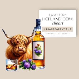 Scottish Highland Cow Clip Art, Whisky Glasses PNG, Scottish Thistle, Bottle of Bourbon, 1 x Transparent Image, Commercial Use Licence