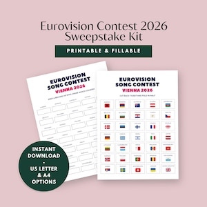 Puede incluir: Kit de sorteo imprimible del Festival de la Canci&oacute;n de Eurovisi&oacute;n 2026. Incluye dos hojas blancas con el texto "Eurovision Song Contest Vienna 2026". Una hoja con nombres de pa&iacute;ses, la otra con banderas. Un c&iacute;rculo verde dice "Descarga instant&aacute;nea US Letter & A4 Options".
