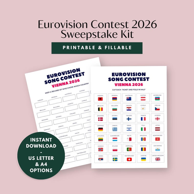 Puede incluir: Kit de sorteo imprimible del Festival de la Canci&oacute;n de Eurovisi&oacute;n 2026. Incluye dos hojas blancas con el texto "Eurovision Song Contest Vienna 2026". Una hoja con nombres de pa&iacute;ses, la otra con banderas. Un c&iacute;rculo verde dice "Descarga instant&aacute;nea US Letter & A4 Options".