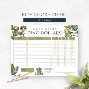 Dinosaur Chore Chart for Kids, Printable How to Earn Money Chart, Kids Chore List, Allowance Tracker, Weekly Responsibility Reward Chart