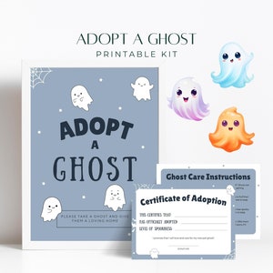 Adopt A Ghost Certificate And Sign, Printable Party Favour, Halloween Classroom Activity, Kids Birthday Game, Pet Ghost Adoption, Care Guide