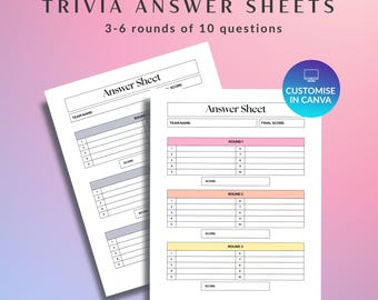 Hoja de respuestas personalizable para la noche de trivia, editable con Canva, plantilla de hoja de preguntas, 3-6 rondas de 10 preguntas, hoja de trabajo para la noche de juegos para jugadores.