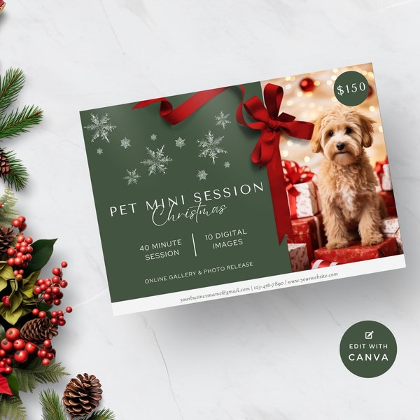 Pet Mini Session Marketing Template, Animal Photography Packages, Christmas Promotional Flyer, Pet Photo Shoot, Editable Template for Canva