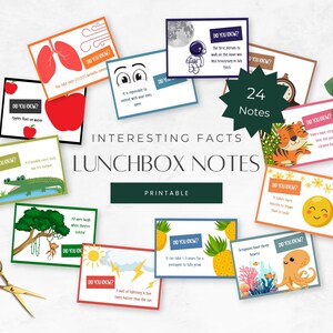 Notes de déjeuner, faits amusants pour les enfants, 24 cartes imprimables pour boîte à lunch, faits intéressants, modèles de notes de boîte à lunch, activités pour enfants, téléchargement PDF