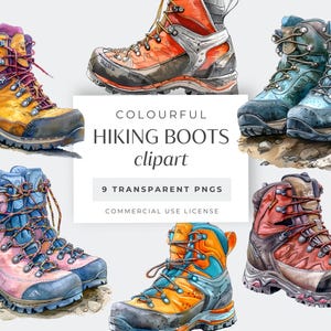 Hiking Boot Clip Art, 9 Transparent PNGs, Watercolour Walking Boots, Outdoor Adventure Camping, Nature Trail Footwear, Commercial Use Images
