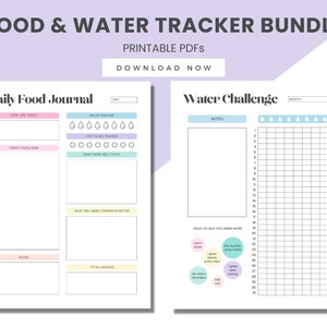 May include: Printable food and water tracker bundle with two pages. The first page is a daily food journal with sections for how you feel, today's meal plan, water tracker, fruit and veggie tracker, what went well today, what will make tomorrow better, notes, and total calories. The second page is a water challenge with sections for notes, ideas to help you drink more, and a grid to track water intake for each day of the month.