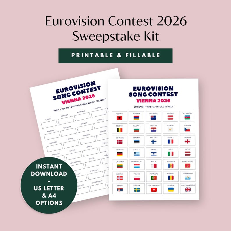 Puede incluir: Un kit de sorteo imprimible del Festival de la Canci&oacute;n de Eurovisi&oacute;n 2026. El kit incluye dos hojas: una para registrar las elecciones de pa&iacute;ses y otra con banderas de pa&iacute;ses. El texto dice "Imprimible y rellenable" y "Descarga instant&aacute;nea, opciones US Letter y A4."