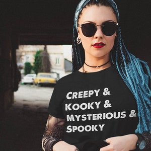 Addams Family Inspired Halloween Shirt, Wednesday Addams, Creepy, Kooky, Mysterious & Spooky, Black T shirt