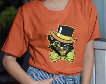 Black Cat Top Hat Shirt, Halloween Tshirt, Black Cat Tee, Cat Shirt, Vintage Halloween
