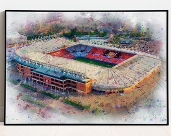 May include: A watercolor painting of a large stadium with red and blue seats. The stadium is surrounded by a green field and a white track. The painting is done in a realistic style and has a lot of detail.