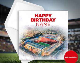 May include: A personalized birthday card featuring a watercolor illustration of a football stadium. The card has the text "Happy Birthday NAME" in red.