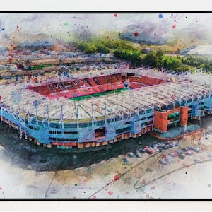 Könnte beinhalten: Ein Aquarellbild eines großen Stadions mit einem blauen und roten Dach. Das Stadion ist von grünen Bäumen umgeben und hat einen weißen Hintergrund mit bunten Farbspritzern.