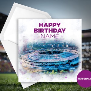 Tarjeta de cumpleaños del West Ham - Tarjeta de cumpleaños del estadio de Londres - Tarjeta de cumpleaños con nombre personalizado - Tarjeta de cumpleaños con nombre - Tarjeta de cumpleaños de fútbol